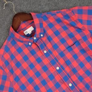 GAP Standard Fit Mens Short Sleeve Button Up Shirt Red Blue Gingham Size M